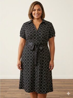 Bobbie Bee Black Midi Dress with White Circle Print and Satin Waist Tie Size 22W